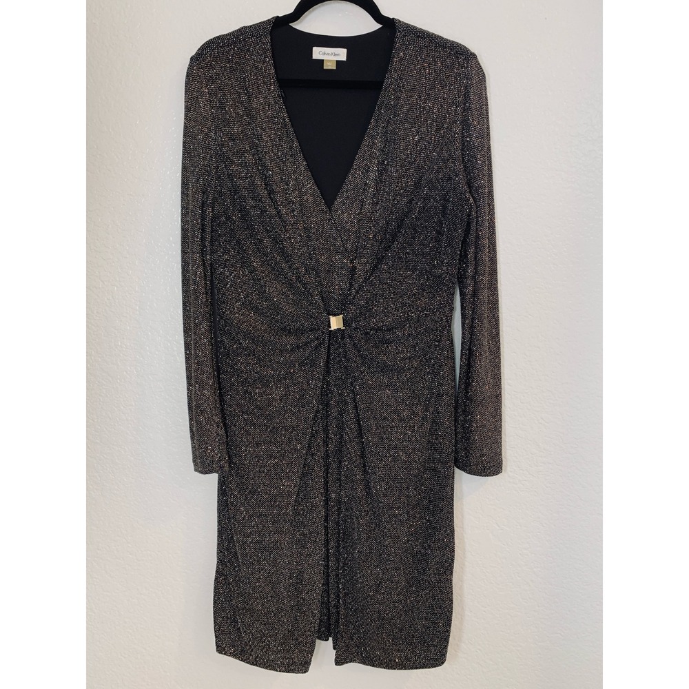 Calvin Klein Sheath Dress Women 14 Black Metallic Glitter Cocktail Party V-Neck